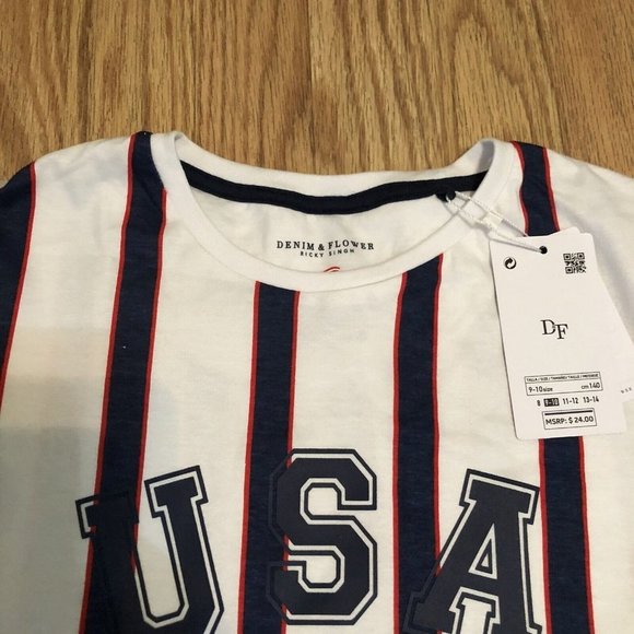 denim & flower ricky singh yourh boys striped USA crew neck boys Tee size 9/10 - Picture 3 of 9